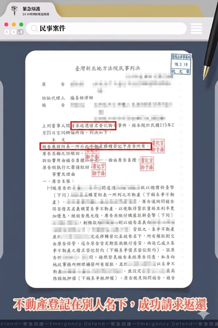 不動產登記在別人名下，成功請求返還